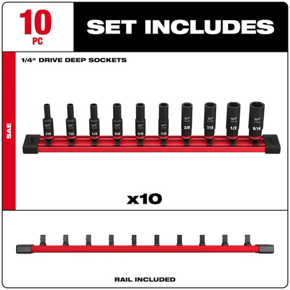 Milwaukee 10PC SHOCKWAVE Impact Duty SAE Deep 6 Point Socket Set 49-66-7001 | 1/4 in Drive, 10-Piece