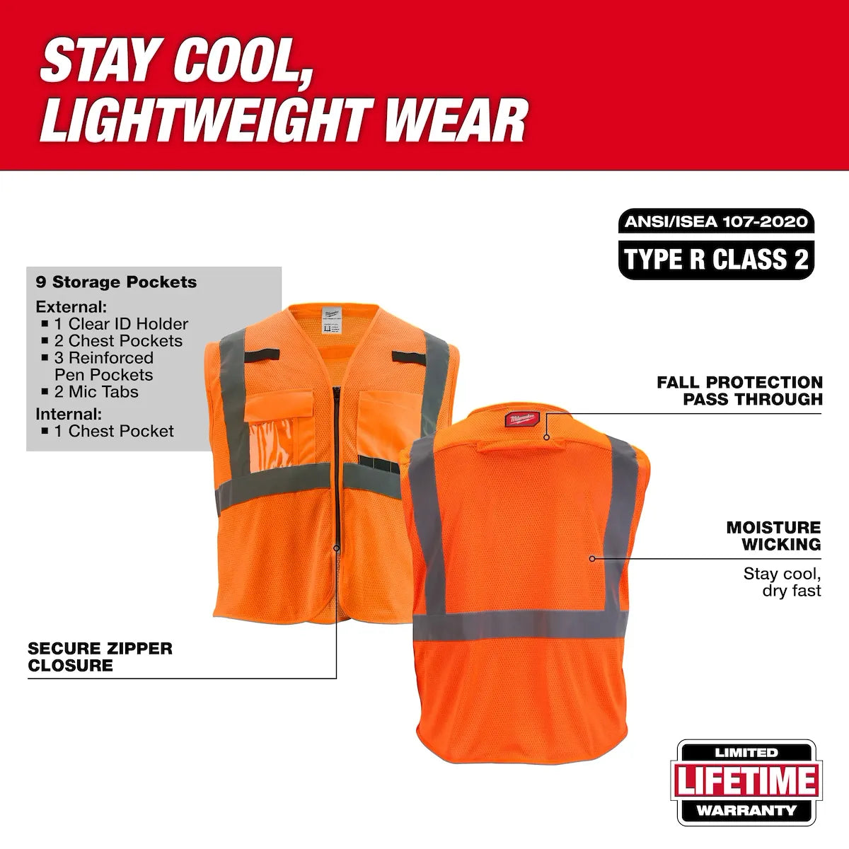 Milwaukee Class 2 High Visibility Orange Mesh Safety Vest - S/M 48-73-5117
