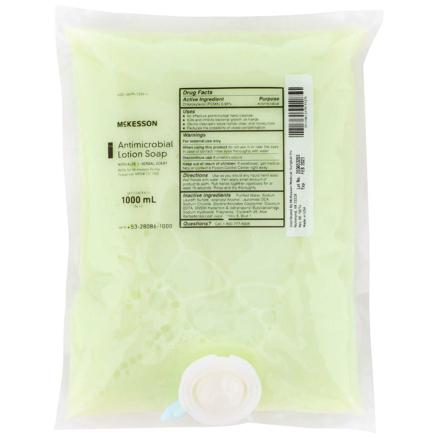 McKesson Antimicrobial Lotion Soap, Herbal Scent, With Aloe, Refill Bag