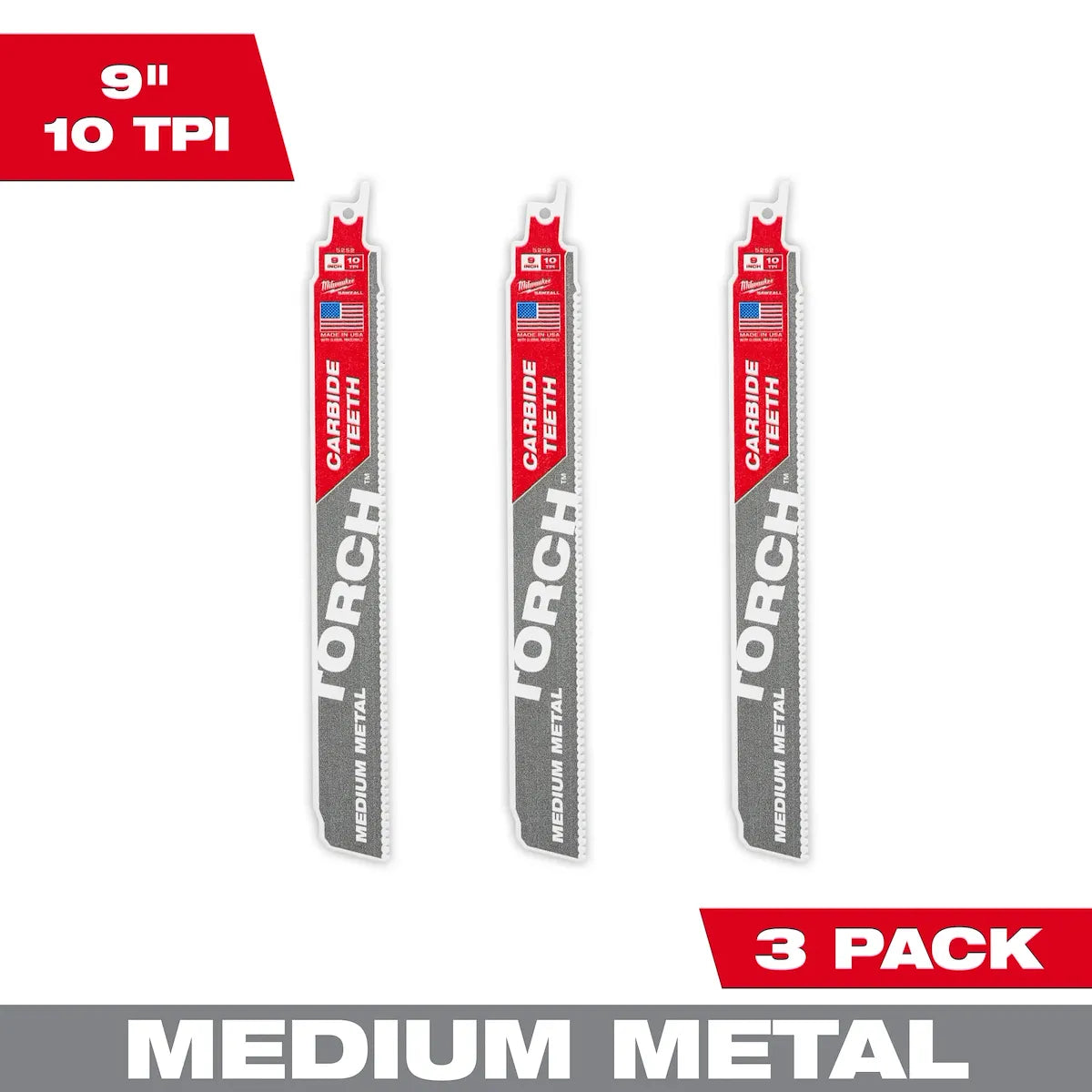 Milwaukee 9" 10 TPI TORCH with Carbide Teeth SAWZALL Blade for Conduit and Strut (3 PK) 48-00-5352 | 9 in Blade Length, 3-Piece