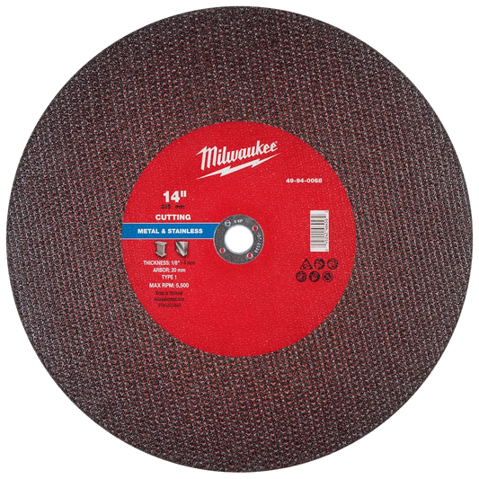 Milwaukee 14" x 1/8" x 20mm Metal Cut Off Wheel -Type 1 49-94-0068