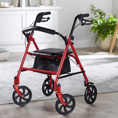 McKesson Folding Steel Four-Wheel Rollator, 12-Inch Seat Width, Red
