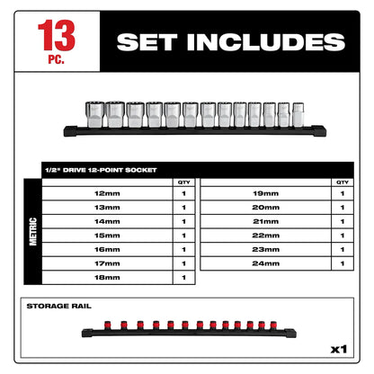Milwaukee 13pc 1/2” Drive 12-Point Metric Socket Set 48-22-9522 | Chrome Vanadium Steel