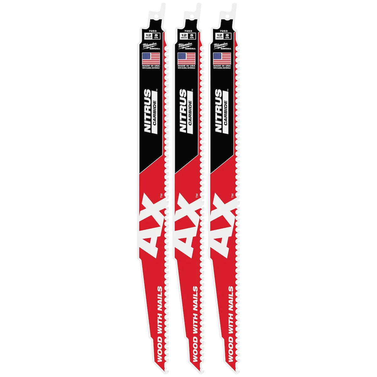 Milwaukee 12" 5 TPI AX w/NITRUS Carbide Teeth SAWZALL Blade for Wood with Nails 48-00-7353 | 12 in Blade Length