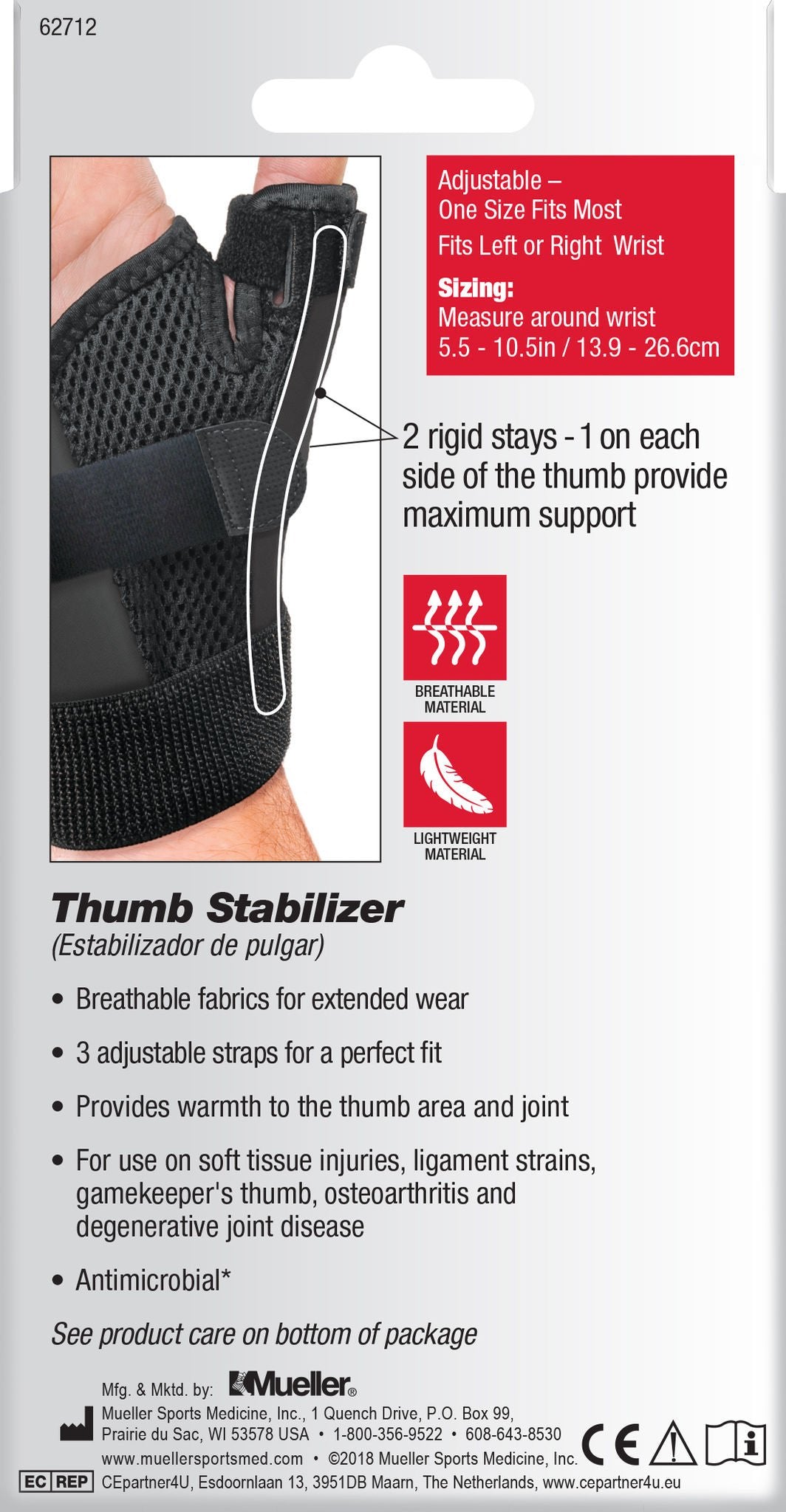 Mueller Sport Care Thumb Stabilizer Adult D-Ring / Hook and Loop Strap Closure Left Hand Black
