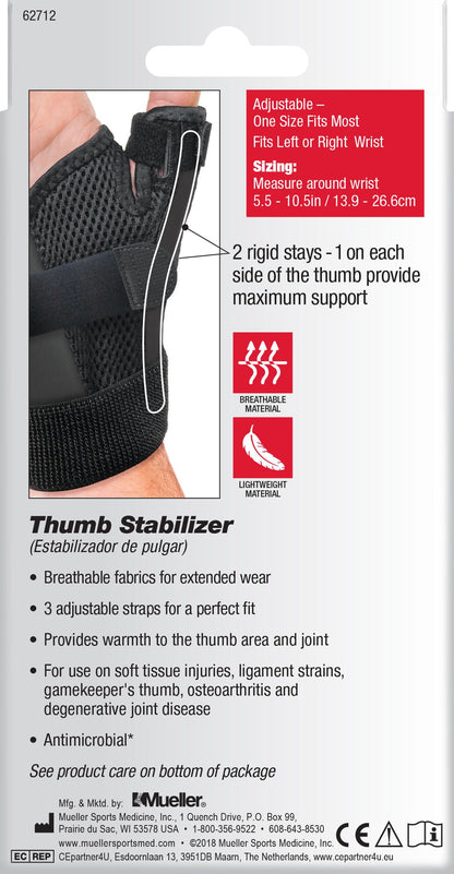 Mueller Sport Care Thumb Stabilizer Adult D-Ring / Hook and Loop Strap Closure Left Hand Black