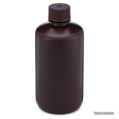 Globe Scientific Bottle, Narrow Mouth, Hdpe Bottle, Attached Pp Screw Cap, Amber, 12/Pack 30 mL to 500 mL