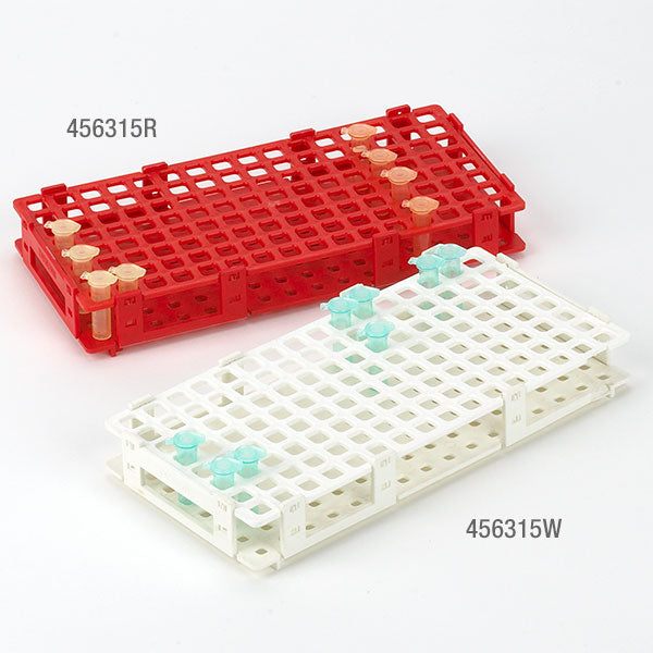 Globe Scientific reinforced PP snap-together 128-place microcentrifuge rack flat pack 3 colors