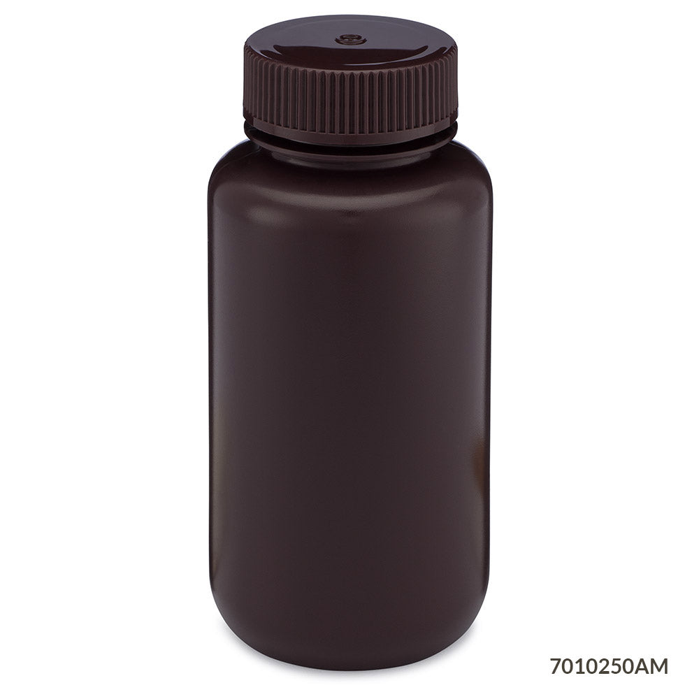Globe Scientific Bottle, Wide Mouth, Hdpe Bottle, Attached Pp Screw Cap, Amber, 12/Pack 30 mL to 500 mL