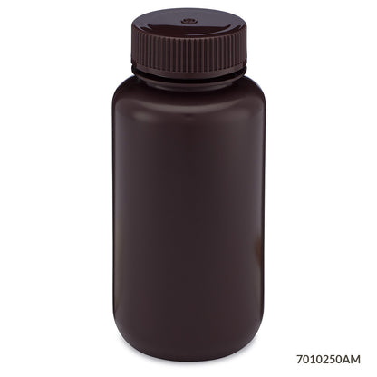 Globe Scientific Bottle, Wide Mouth, Hdpe Bottle, Attached Pp Screw Cap, Amber, 12/Pack 30 mL to 500 mL