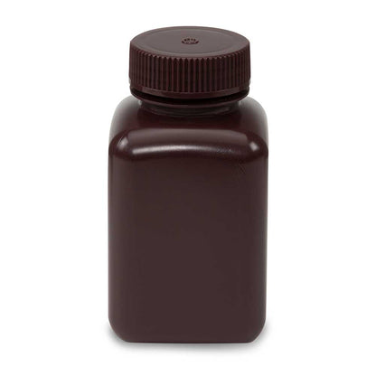Globe Scientific Bottle, Wide Mouth, Square, Amber Hdpe, Attached Pp Screw Cap, 12/Pack 60 mL to 500 mL