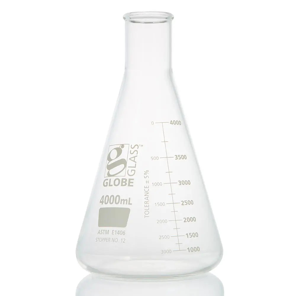 Globe Scientific Flask, Erlenmeyer, Globe Glass, 4000mL, Heavy Duty, Narrow Mouth, Dual Graduations, ASTM E1406, 1/Box 8434000 Laboratory Equipment