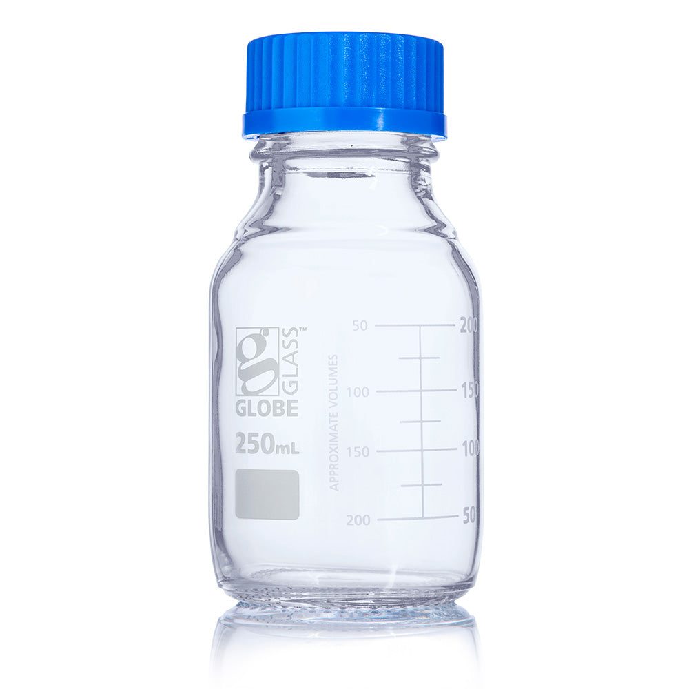 Globe Scientific Bottle, Media, Globe Glass, Gl45 Screw Cap, Dual Graduations, 10/Box 100 mL to 250 mL