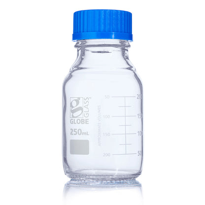 Globe Scientific Bottle, Media, Globe Glass, Gl45 Screw Cap, Dual Graduations, 10/Box 100 mL to 250 mL