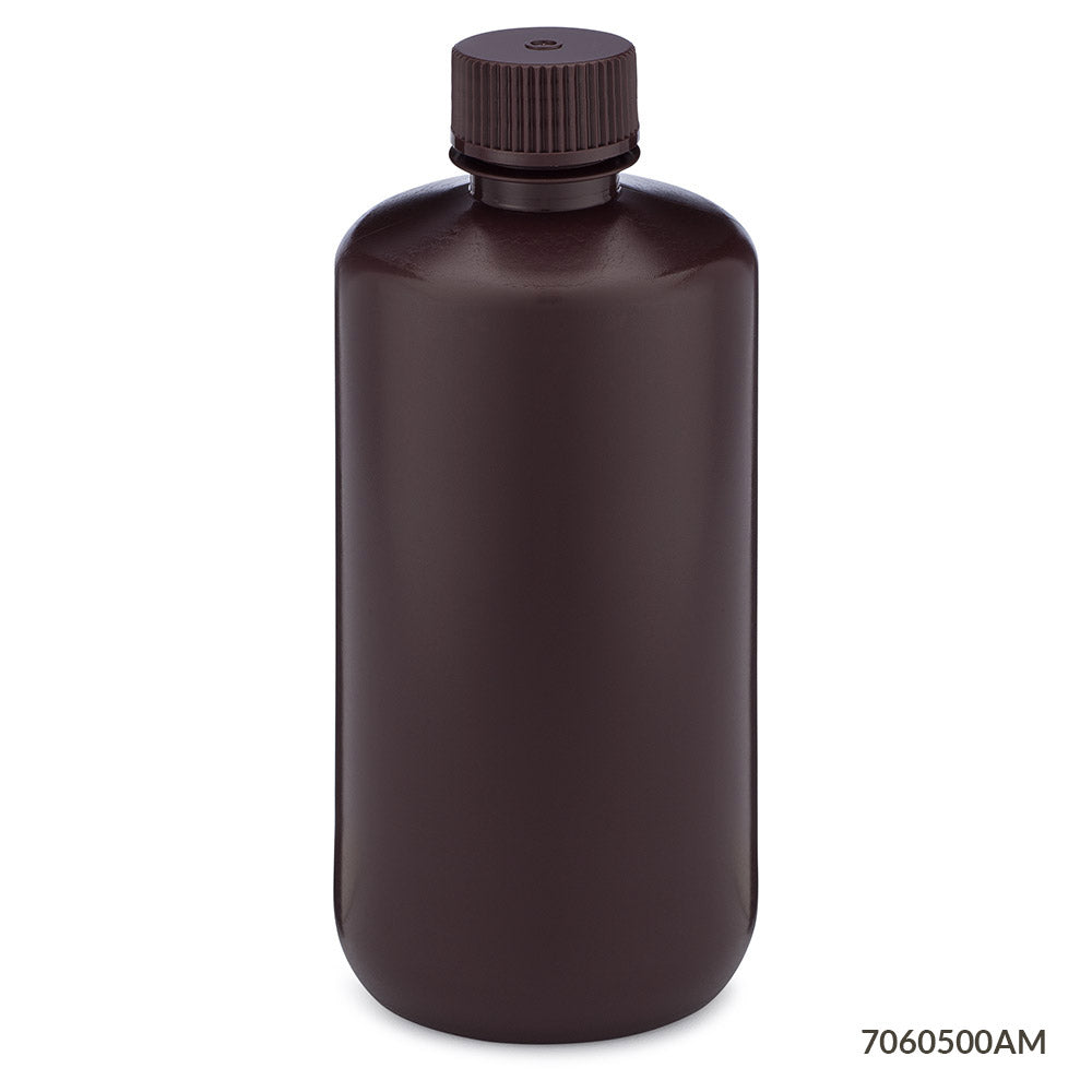 Globe Scientific Bottle, Narrow Mouth, Hdpe Bottle, Attached Pp Screw Cap, Amber, 12/Pack 30 mL to 500 mL