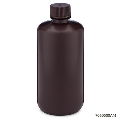 Globe Scientific Bottle, Narrow Mouth, Hdpe Bottle, Attached Pp Screw Cap, Amber, 12/Pack 30 mL to 500 mL