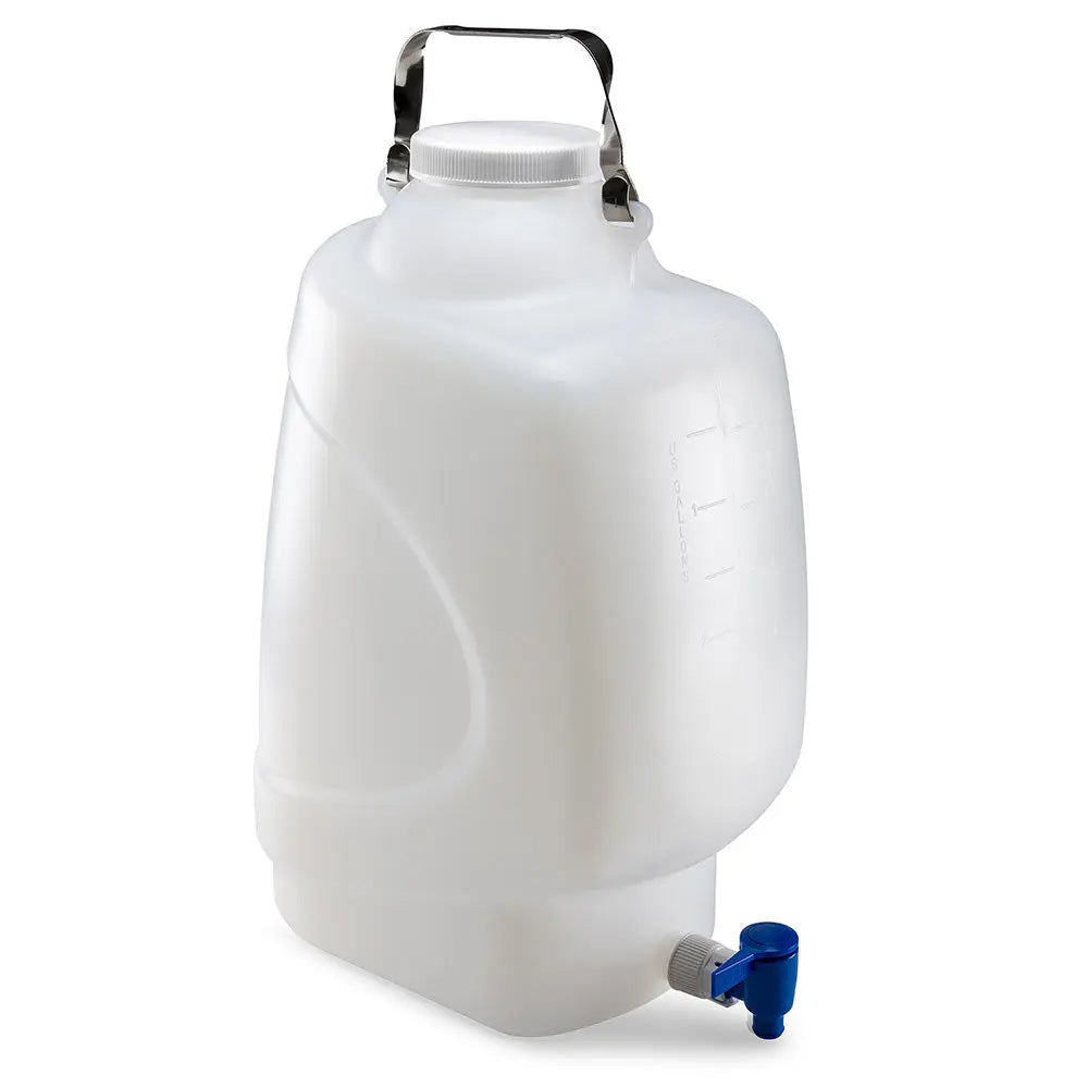 Globe Scientific Carboy, Rectangular with Spigot and Handle, HDPE, White PP Screwcap, 20 Liter, Molded Graduations 7310020 Laboratory Equipment