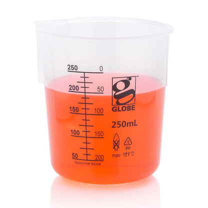 Globe Scientific Beaker, Diamond Essentials, Griffin Style, Low Form, Printed Graduations, Pp, 6/Bag 250 mL
