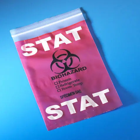 STAT Specimen Transport Bags, Red 6" x 9", Zipper Closure with Document Pouch — 100/Pack | Globe Scientific