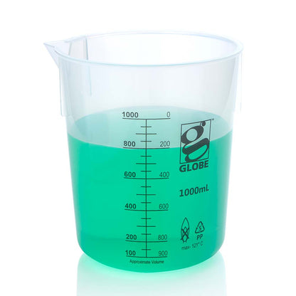 Globe Scientific Beaker, Diamond Essentials, Griffin Style, Low Form, Printed Graduations, Pp, 3/Bag 1000 mL