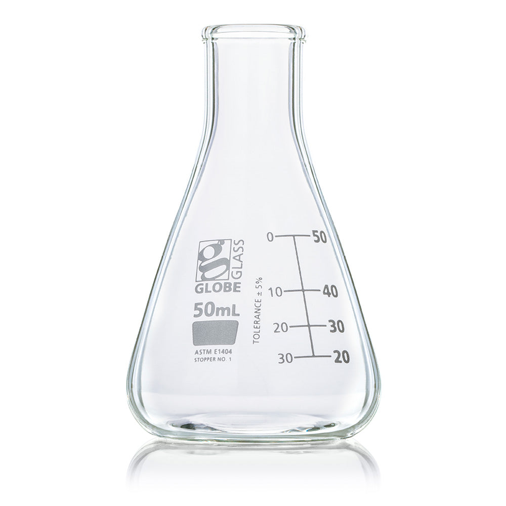 Erlenmeyer flask borosilicate glass with graduated markings for laboratory mixing and titration