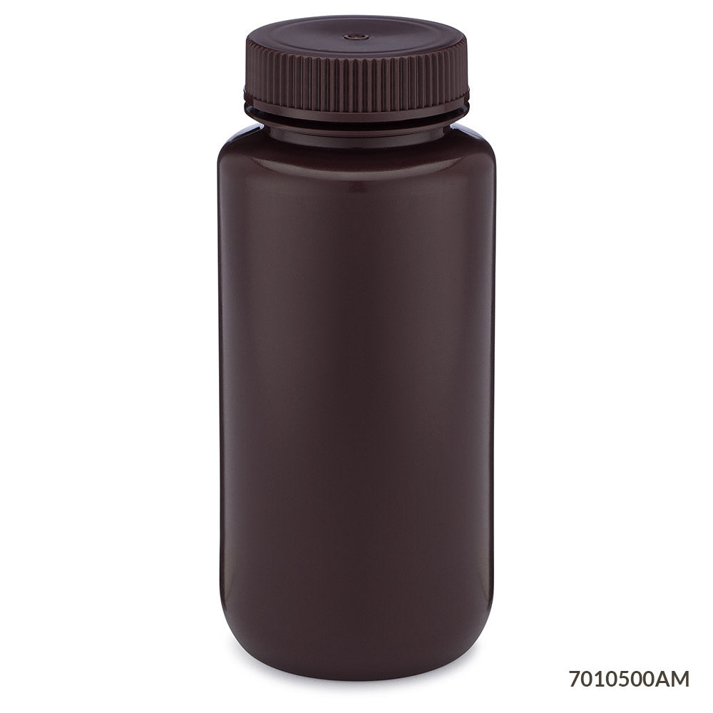 Globe Scientific Bottle, Wide Mouth, Hdpe Bottle, Attached Pp Screw Cap, Amber, 12/Pack 30 mL to 500 mL