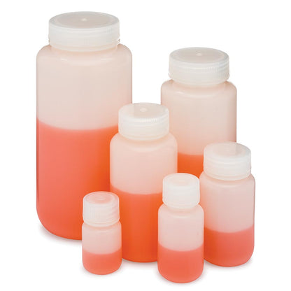 Globe Scientific Bottle, Wide Mouth, Hdpe Bottle, Attached Pp Screw Cap, 12/Pack 30 mL to 500 mL