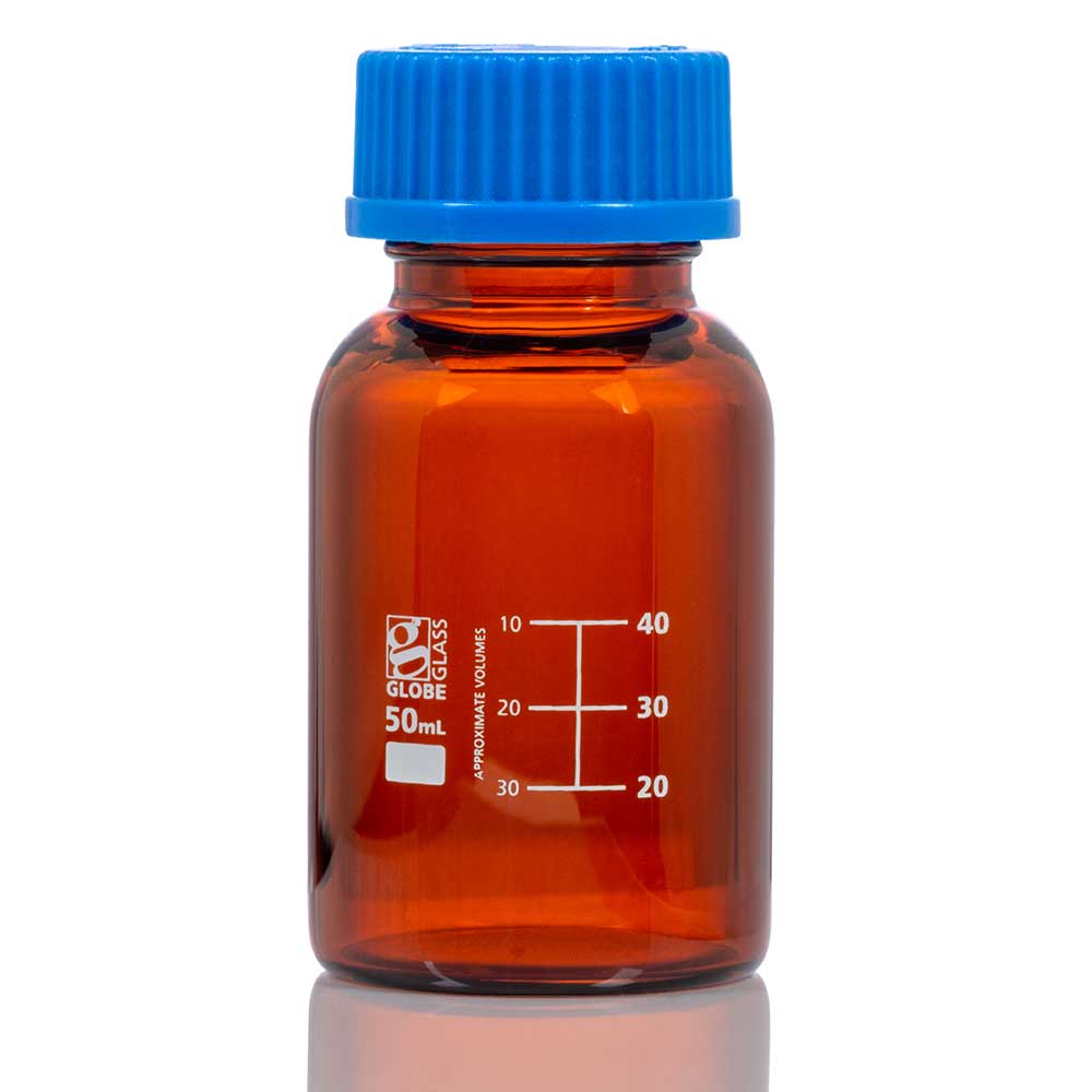 Globe Scientific Bottle, Amber Media, Globe Glass, Gl32 Screw Cap, Dual Graduations, 10/Box 50 mL