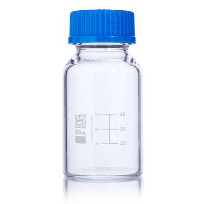 Globe Scientific Bottle, Media, Globe Glass, Gl32 Screw Cap, Dual Graduations, 10/Box 50 mL