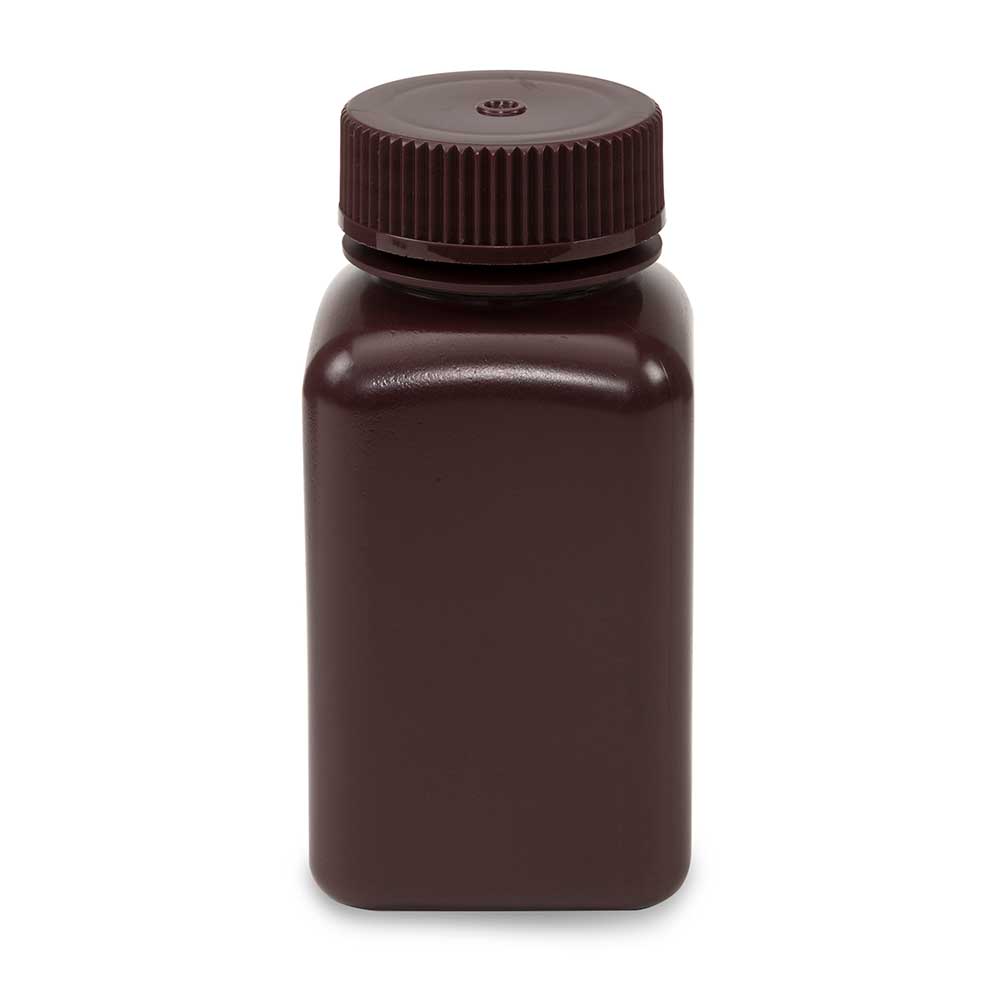 Globe Scientific Bottle, Wide Mouth, Square, Amber Hdpe, Attached Pp Screw Cap, 12/Pack 60 mL to 500 mL