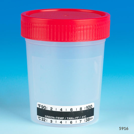 Globe Scientific 4oz Specimen Container with Thermometer Strip Non-Sterile Red Cap