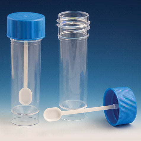 Fecal Sample Containers, 30 mL, Attached Screw Cap with Spoon, PP, Self-Standing — 3 Options, 500/Case | Globe Scientific