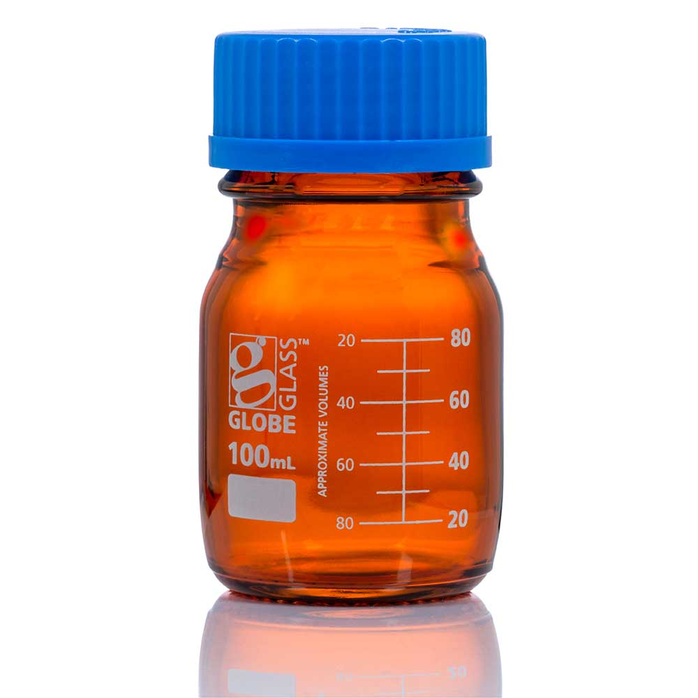 Globe Scientific Bottle, Amber Media, Globe Glass, Gl45 Screw Cap, Dual Graduations, 10/Box 100 mL to 250 mL