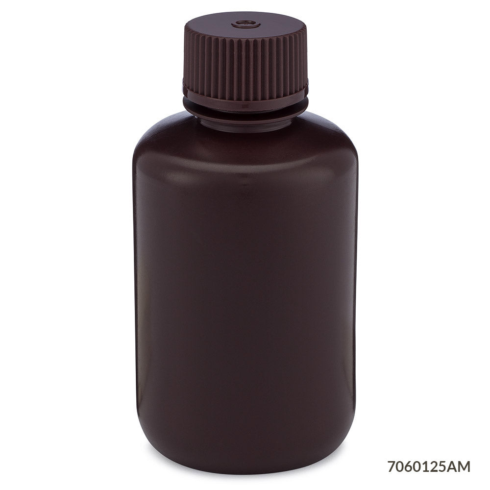 Globe Scientific Bottle, Narrow Mouth, Hdpe Bottle, Attached Pp Screw Cap, Amber, 12/Pack 30 mL to 500 mL