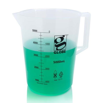 Globe Scientific Beaker With Handle, Diamond Essentials, Low Form, Printed Graduations, Pp, 1/Bag 100 mL to 5000 mL