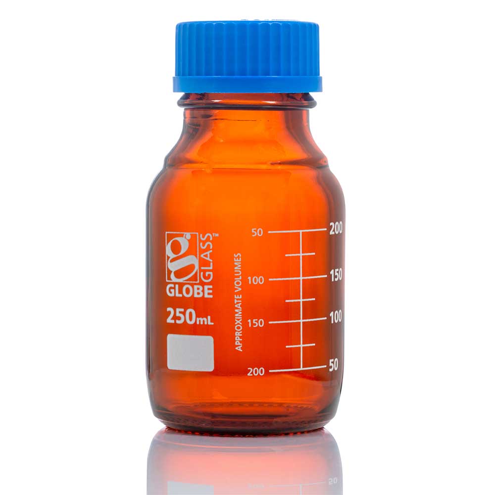 Globe Scientific Bottle, Amber Media, Globe Glass, Gl45 Screw Cap, Dual Graduations, 10/Box 100 mL to 250 mL
