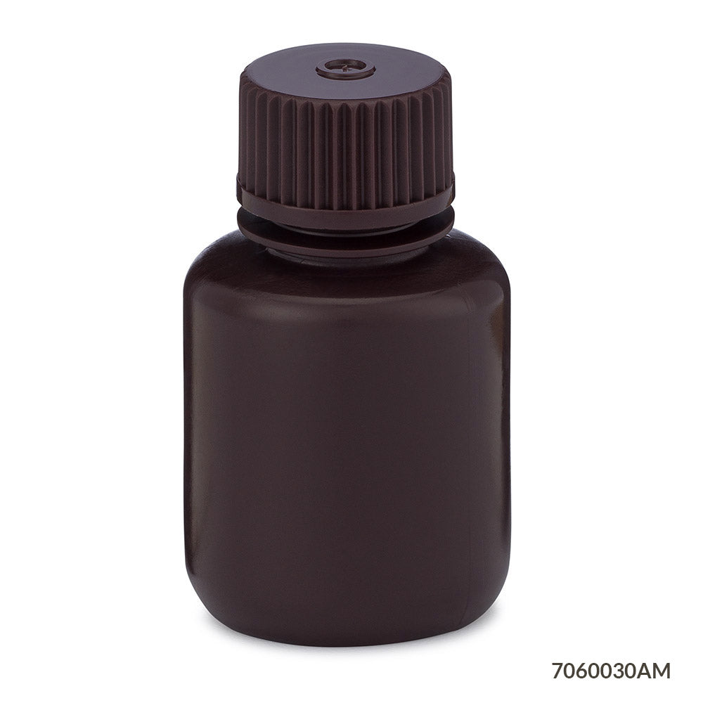 Globe Scientific Bottle, Narrow Mouth, Hdpe Bottle, Attached Pp Screw Cap, Amber, 12/Pack 30 mL to 500 mL