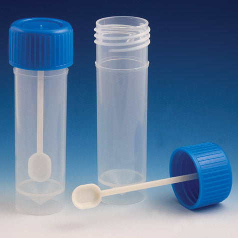 Fecal Sample Containers, 30 mL, Attached Screw Cap with Spoon, PP, Self-Standing — 3 Options, 500/Case | Globe Scientific