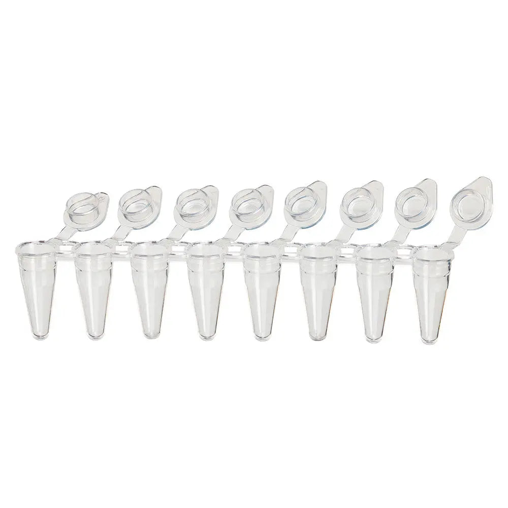 0.1 mL PCR 8-Strip Tubes, Low-Profile, Attached Flat Caps — Clear & White, 120/Pack | Globe Scientific