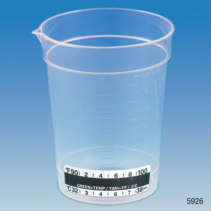 Globe Scientific Specimen Container, 6.5Oz, With Attached Thermometer Strip, Pour Spout, Pp, Graduated Standard