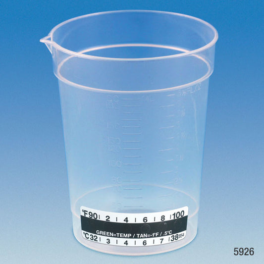 Globe Scientific Specimen Container, 6.5Oz, With Attached Thermometer Strip, Pour Spout, Pp, Graduated Standard