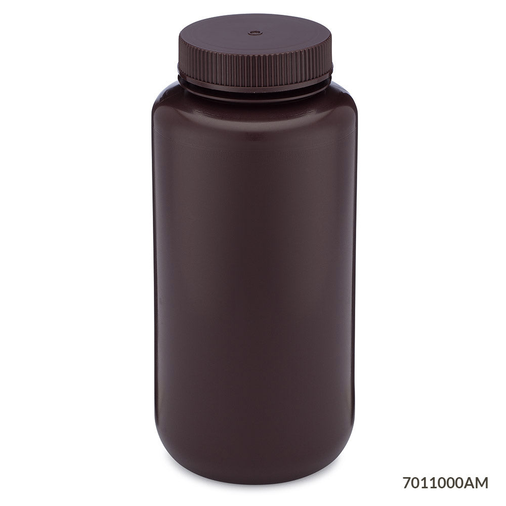 Globe Scientific Bottle, Wide Mouth, Hdpe Bottle, Attached Pp Screw Cap, Amber, 6/Pack 1000 mL