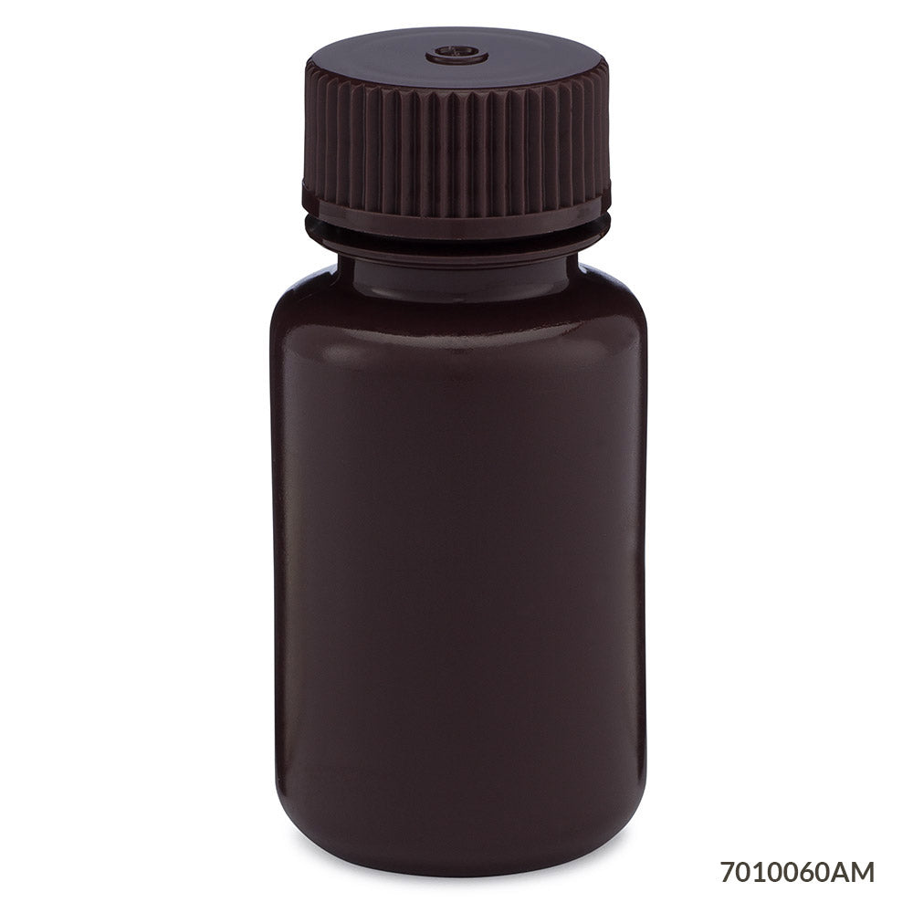 Globe Scientific Bottle, Wide Mouth, Hdpe Bottle, Attached Pp Screw Cap, Amber, 12/Pack 30 mL to 500 mL