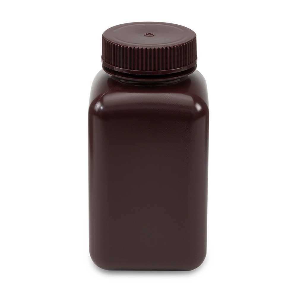 Globe Scientific Bottle, Wide Mouth, Square, Amber Hdpe, Attached Pp Screw Cap, 12/Pack 60 mL to 500 mL