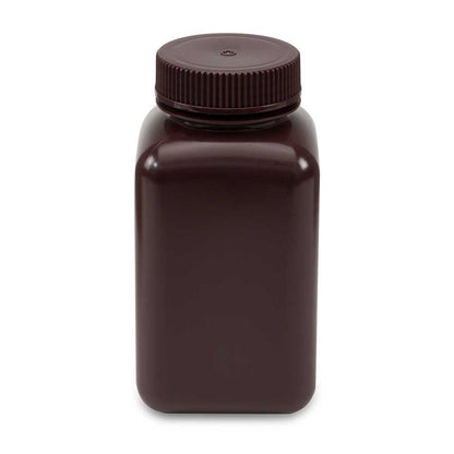 Globe Scientific Bottle, Wide Mouth, Square, Amber Hdpe, Attached Pp Screw Cap, 12/Pack 60 mL to 500 mL