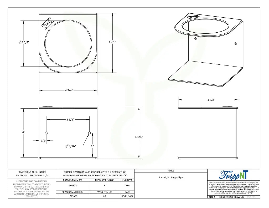 TrippNT 50080 — engineering drawing with dimensional callouts (4.75 x 4.25 x 4.875 inches WHD)