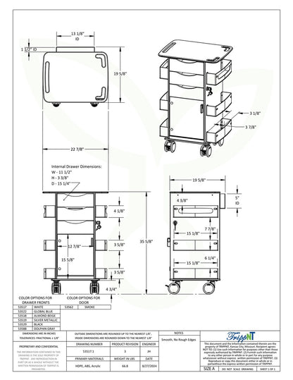 TrippNT 53519 Core DX Cart Silver Metallic Drawers - Engineering Drawing with Dimensions
