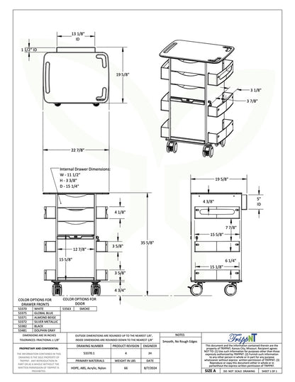 TrippNT 53375 Core DX Cart Global Blue Drawers - Engineering Drawing with Full Dimensions