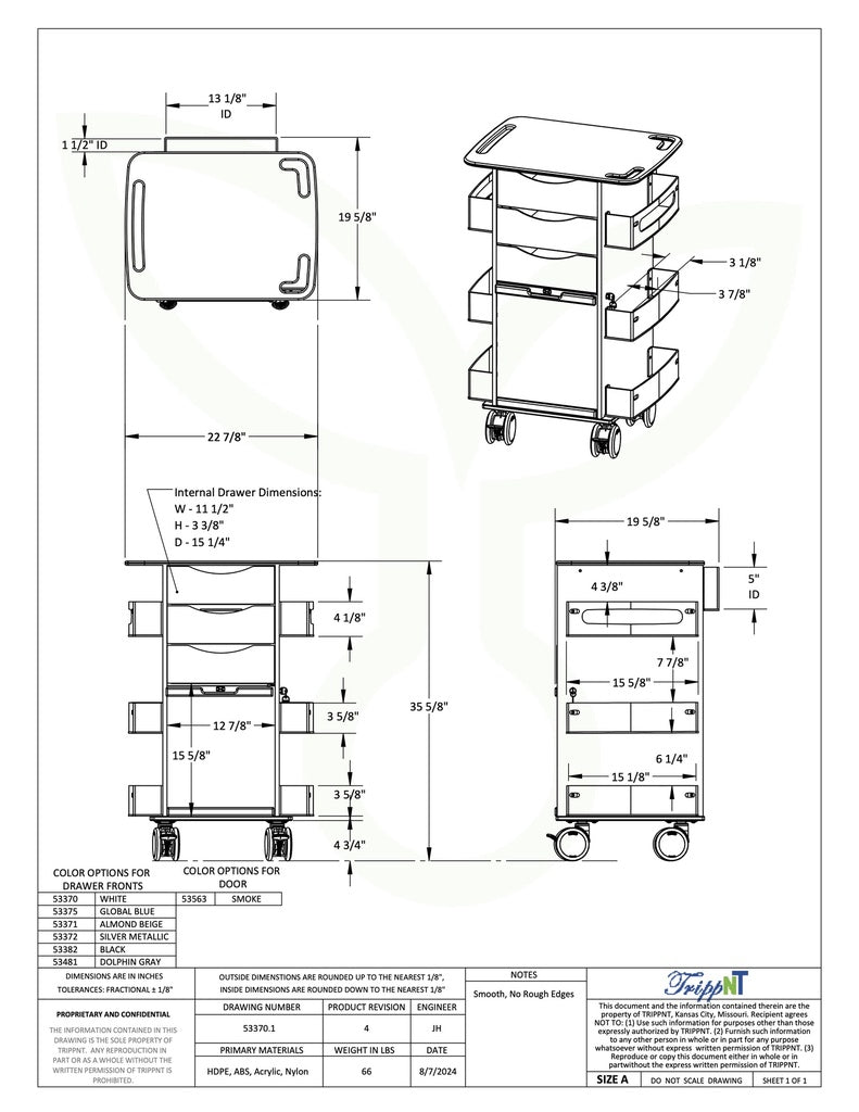 TrippNT 53372 Core DX Cart Metallic Silver Drawers - Engineering Drawing with Full Dimensions
