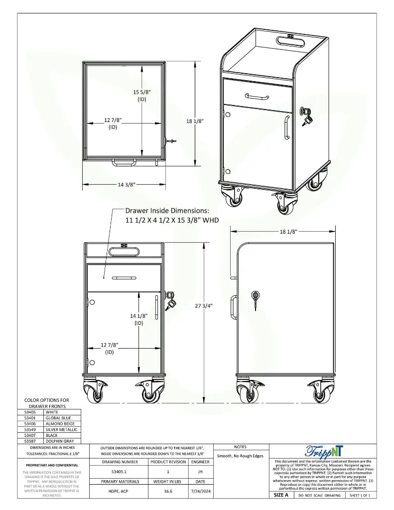 TrippNT 53587 Bedside Cart Dolphin Gray Drawer Angle View Recessed Tray Top